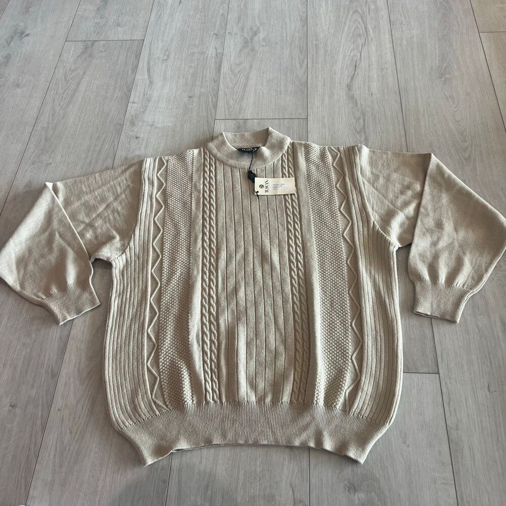 Tuscan beige cable knit sweater with a crew neck and various knit patterns size